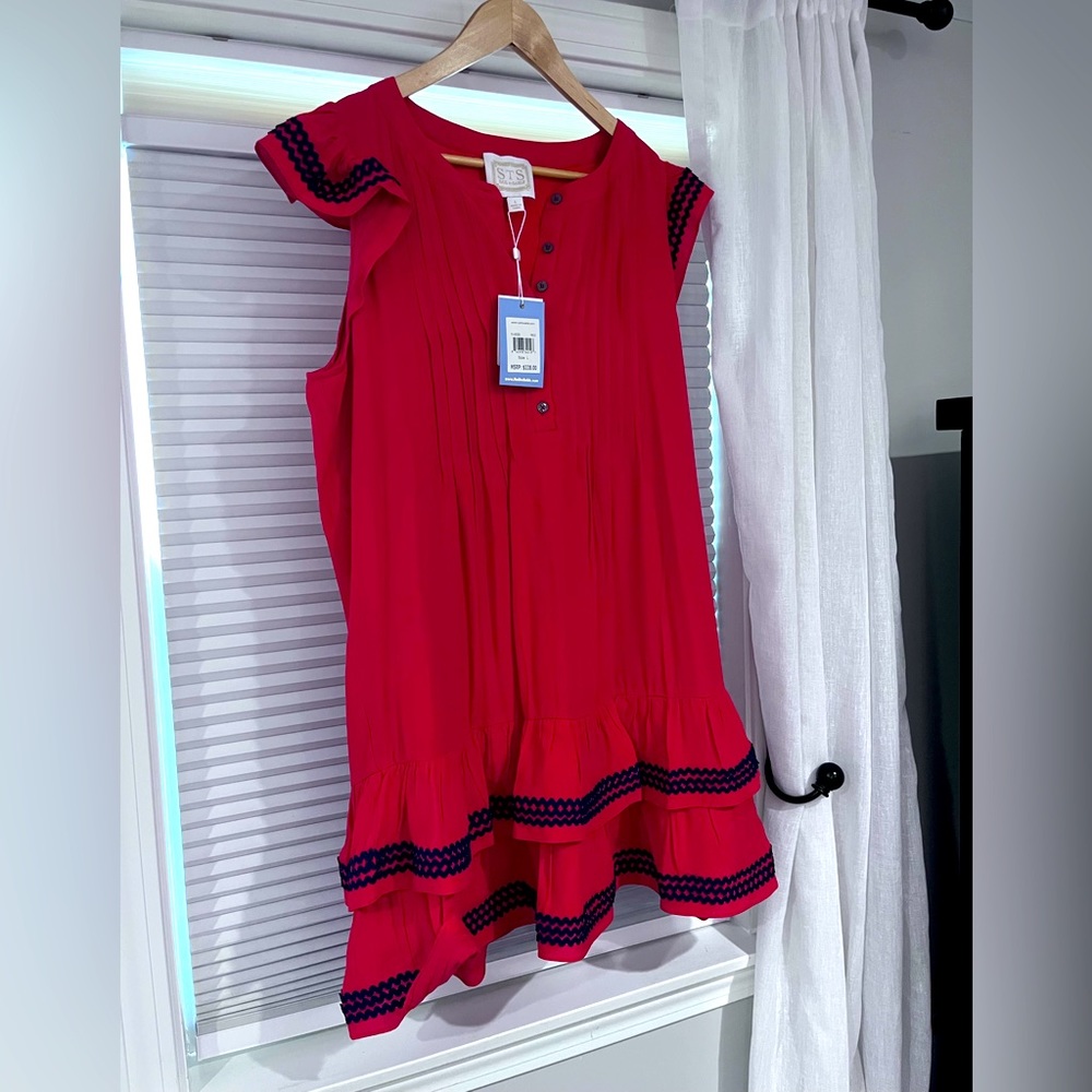 Sail to Sable. Poppy Red Flutter Sleeve Dress with Ric-Rac